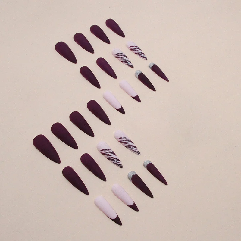 Churchf Churchf Pointed Nail Purple Charm Tiger Skin Grain Flash Pink Nail Matte Matte Texture Wear Beautiful Nail Nail Piece