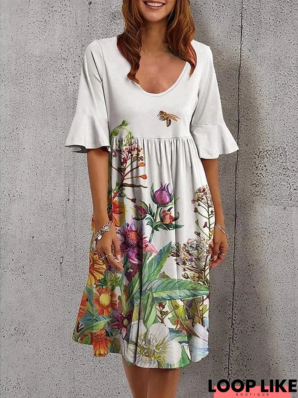 Women's Shift Dress Knee Length Dress White Black Blue Red Yellow Green Brown Rainbow Half Sleeve Floral Print Spring Summer V Neck Casual