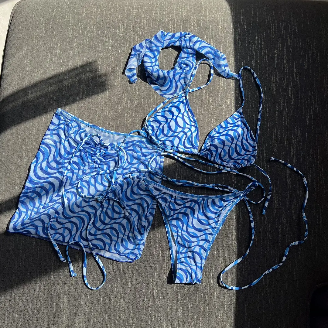 Churchf 2023 New Drawstring Strap Sexy Three-Piece Swimsuit Bikini Lead Yarn