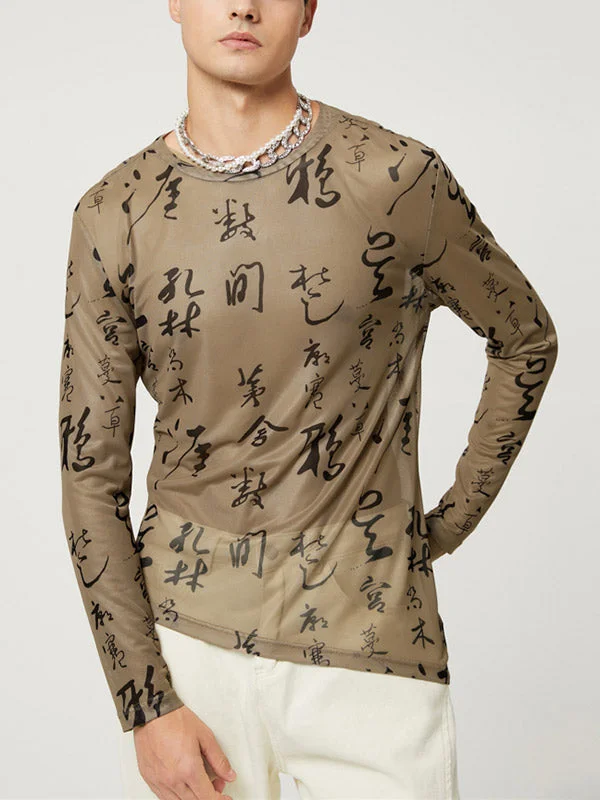 Aonga - Mens Sheer Chinese Characters Asymmetrical Hem T-Shirt