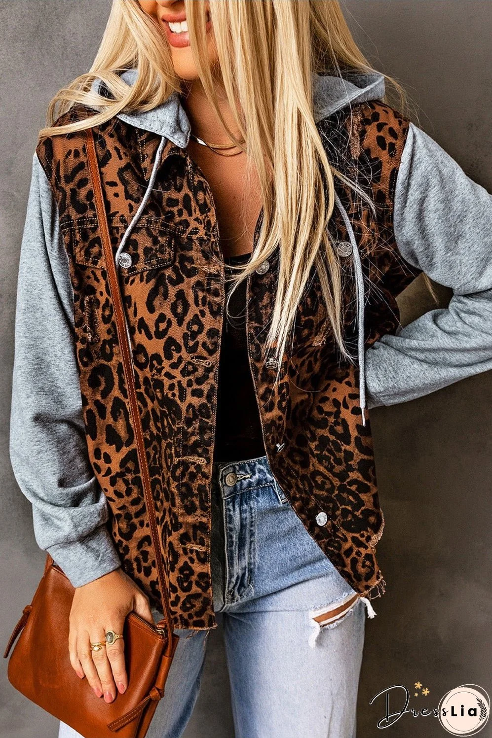Leopard Distressed Drawstring Hooded Denim Jacket