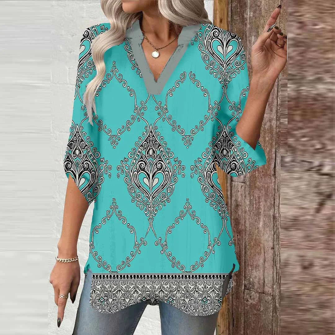 Women Bohemian,  Green,  Black DZGA0419 3/4 Sleeve V-neck Printed Graphic Button Tops
