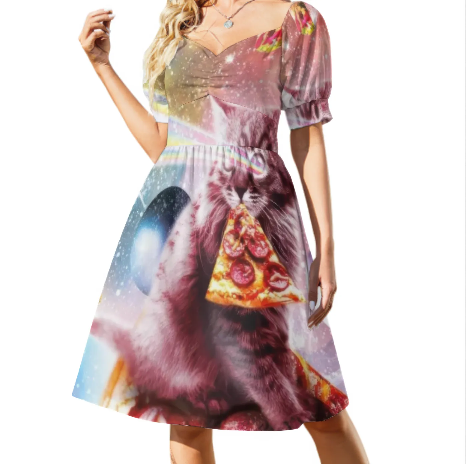 Funny Space Pizza Cat Dress Women Boho High Waist Flared Puff Sleeve Cute Sweetheart Midi Dress