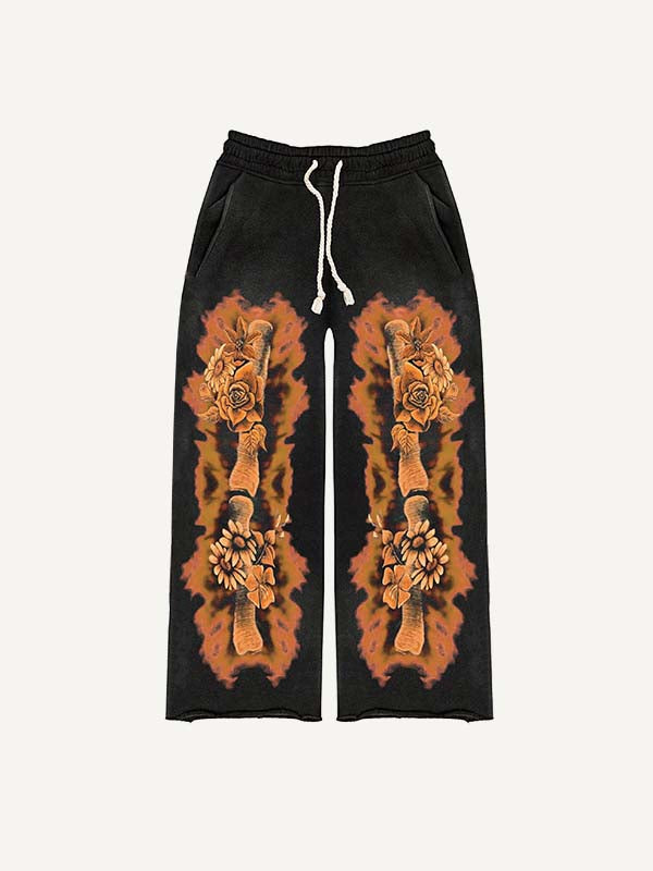 Skeleton&Floral Print Elastic Waist Pants