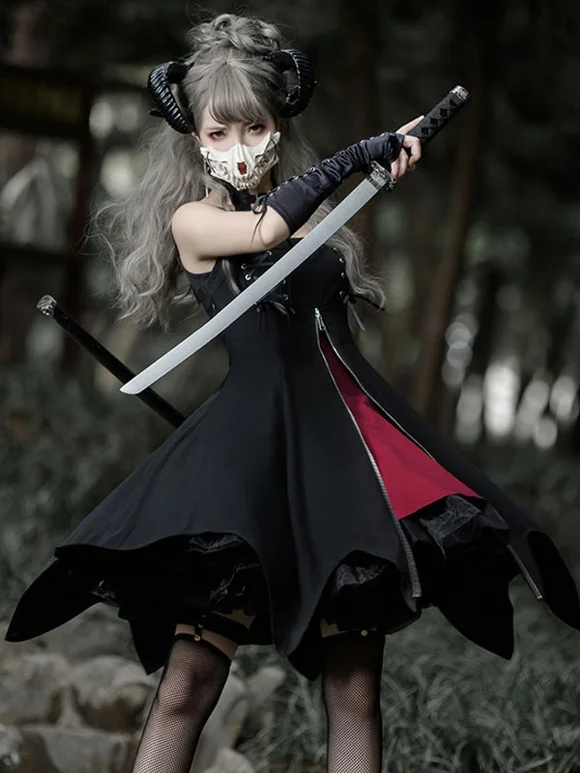Gothic Lolita JSK Dress Black Sleeveless Grommets Lace Up Lolita Jumper Skirt Novameme