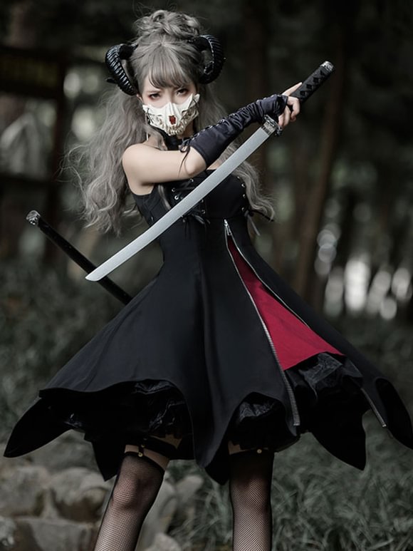 Gothic Lolita JSK Dress Black Sleeveless Grommets Lace Up Lolita Jumper Skirt Novameme