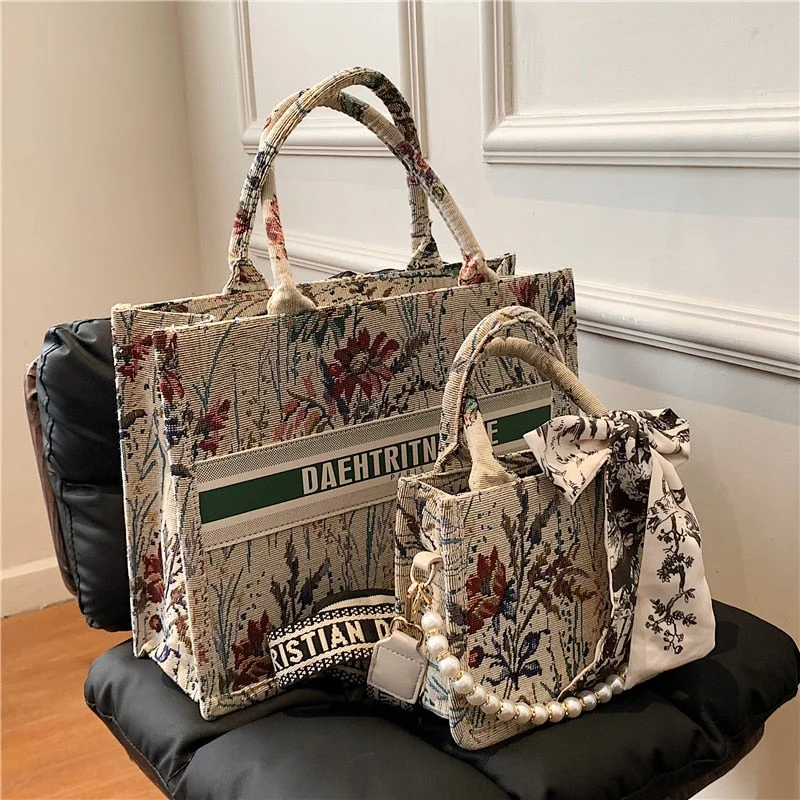 SWDF New Embroidery Canvas Large Tote Handbags For Women Luxury Brand Designer Wide Strap Small Ladies Shoulder Crossbody Bags