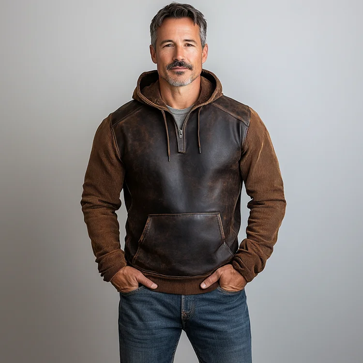 Men's PU Leather Patchwork Corduroy Hoodie-inspireuse