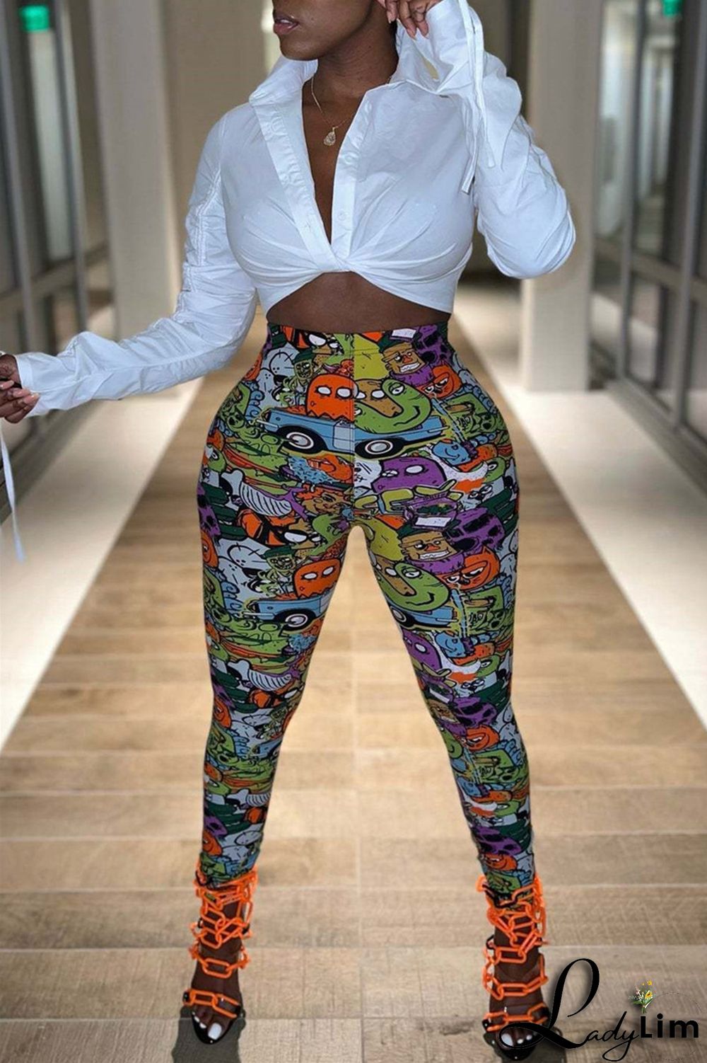 Yellow Fashion Casual Print Basic Skinny High Waist Pencil Trousers