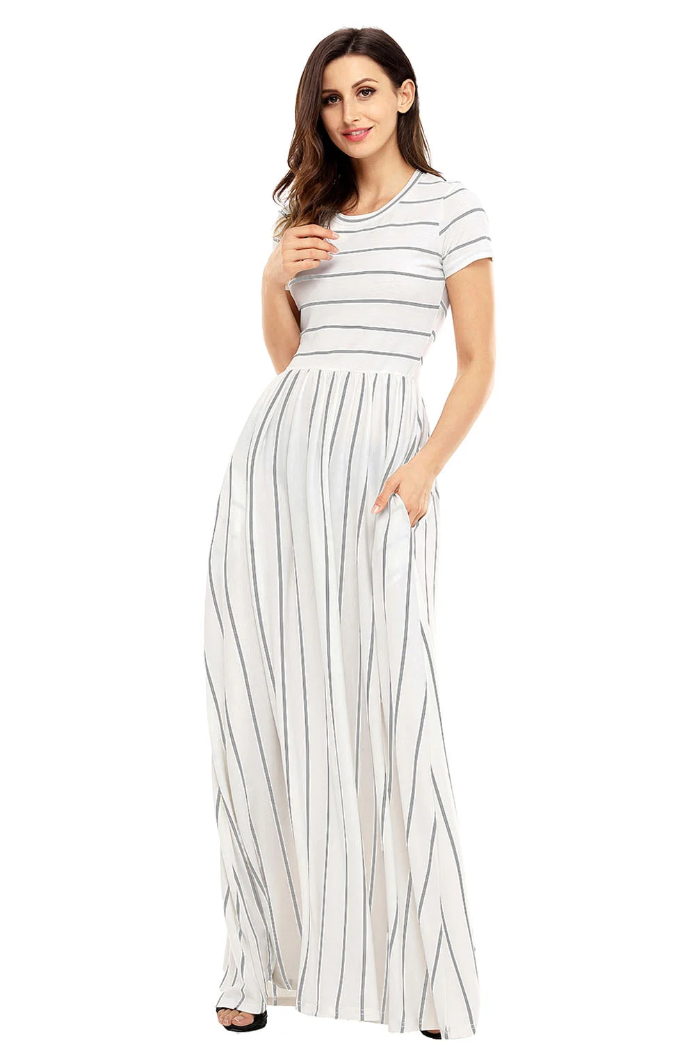 Women Grey Striped Ivory Short Sleeve Maxi Dress