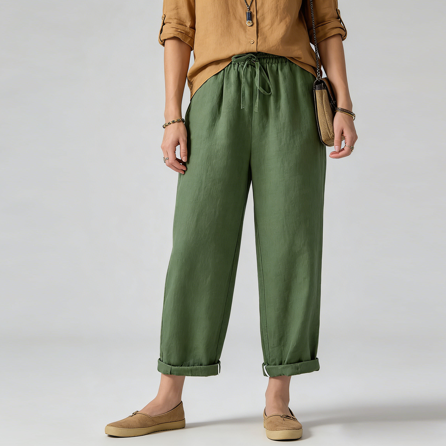 Linen Pants Women 100% Linen Cropped Drawstring Trousers REAL SILK LIFE