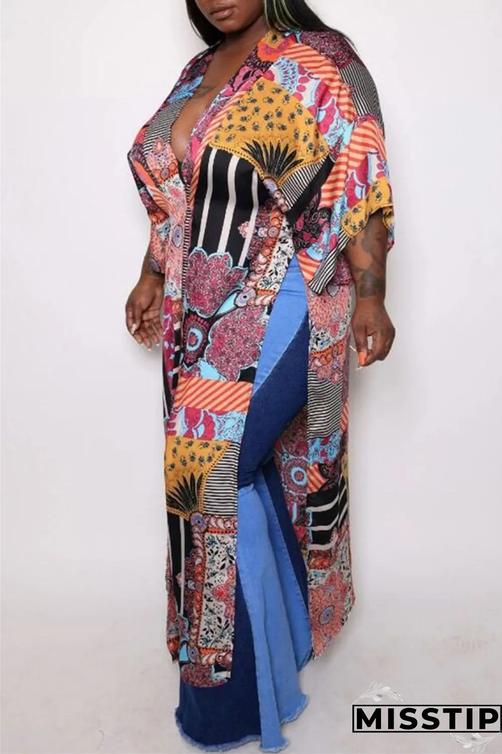 White Fashion Casual Print Slit Cardigan V Neck Plus Size Overcoat