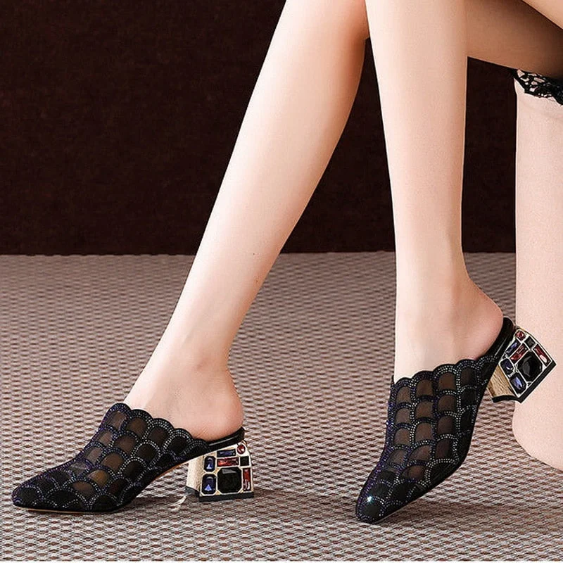 Rhinestone Close toe Slippers,Women's Sandals,Girls Shoes,Square Summer Heels,Outside Wearing,Soft Sole,BLACK,SILVER,Dropship