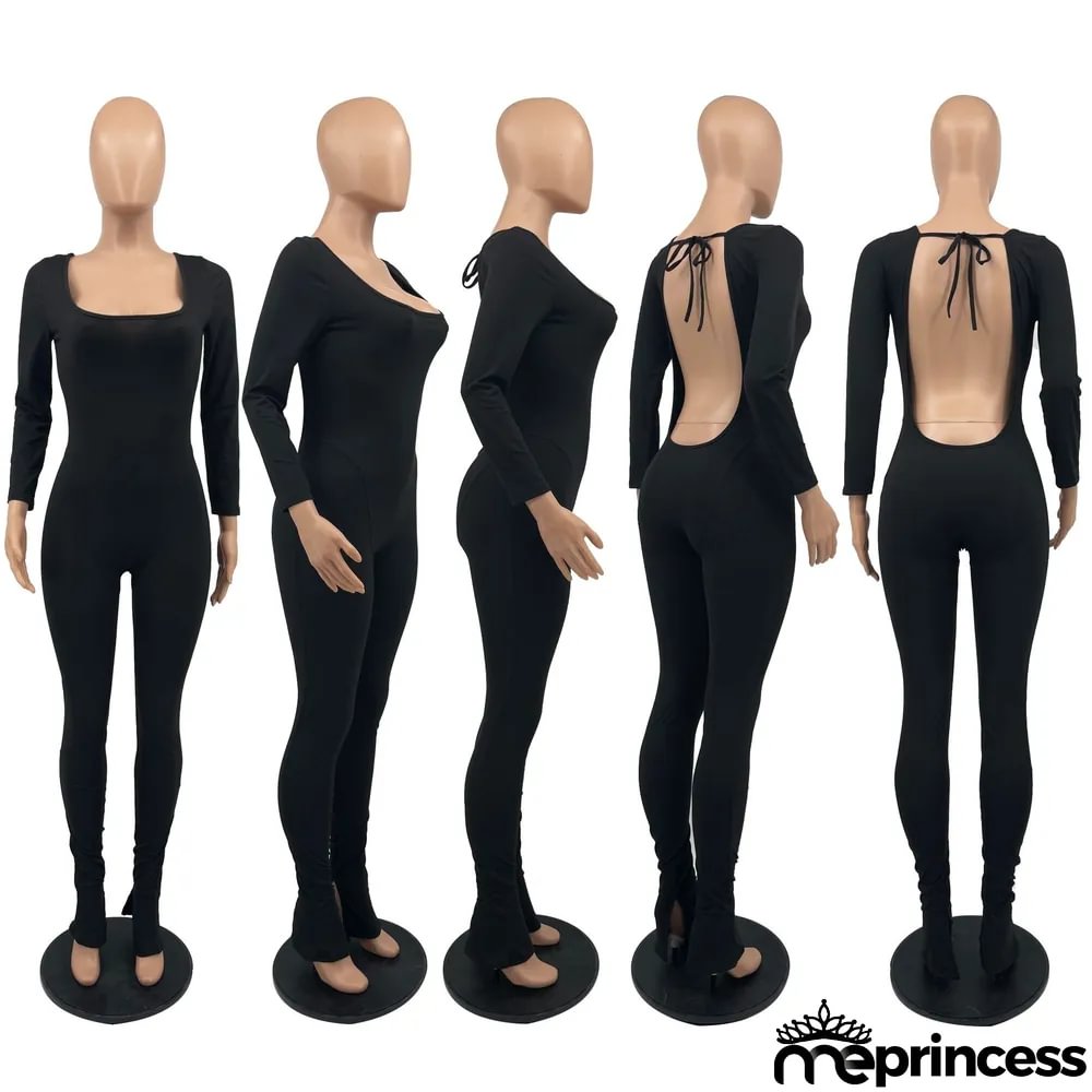 Sexy Solid Backless Long Sleeve Skinny Jumpsuit