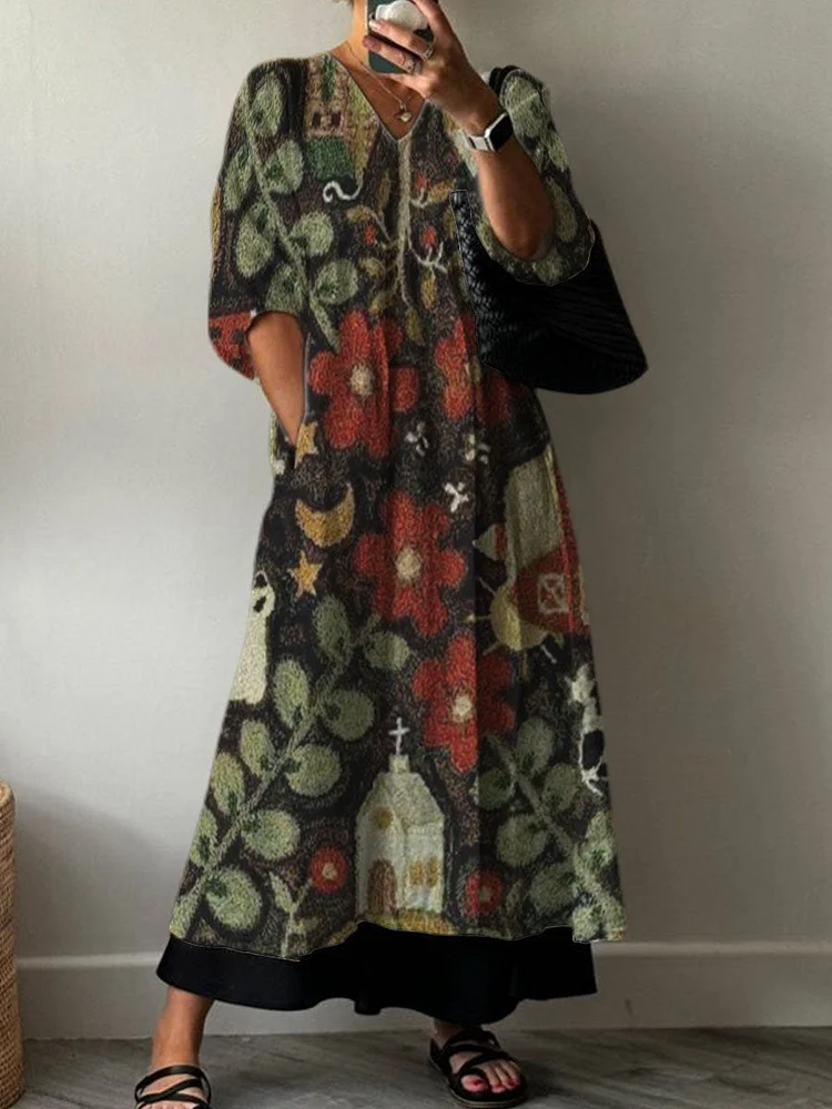 Farm Red Flower Decorative Pattern Pocket V-neck Cotton Dress