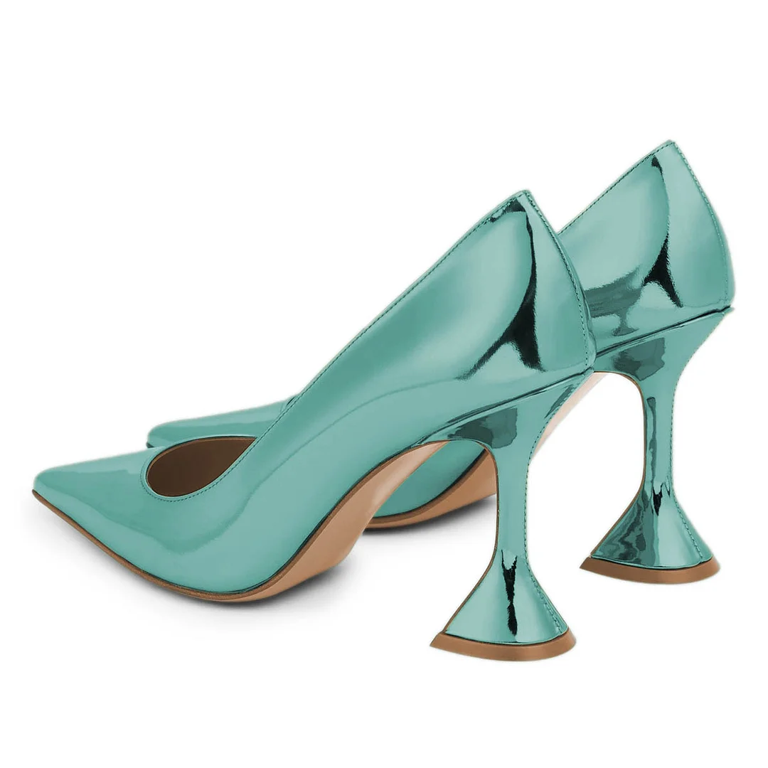 Turquoise Metallic Finish Pointed Toe Flared Heel Pumps for Women