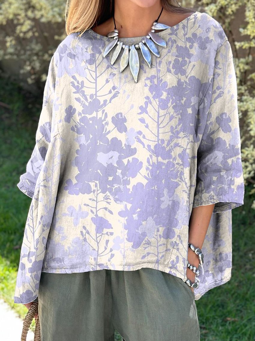 Purple Flowers Print Women's Print Casual Cotton And Linen Shirt