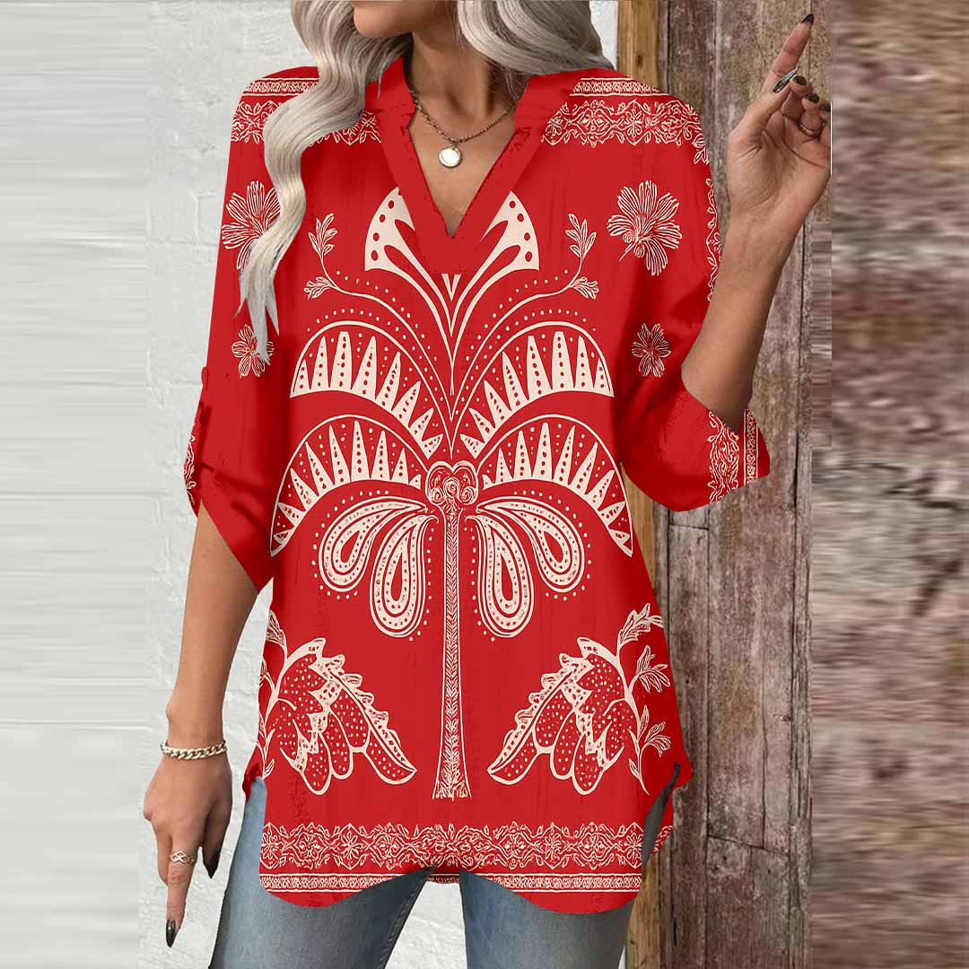 Women Tropical, Red,Ladynora DZGA0084 3/4 Sleeve V-neck Printed Graphic Button Tops