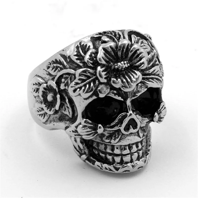 Punk skull floral print rings