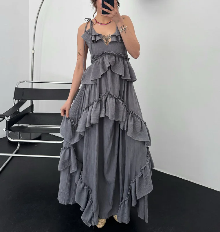  Summer Elegant Lace-Up Ruffle Detail Dress 4559