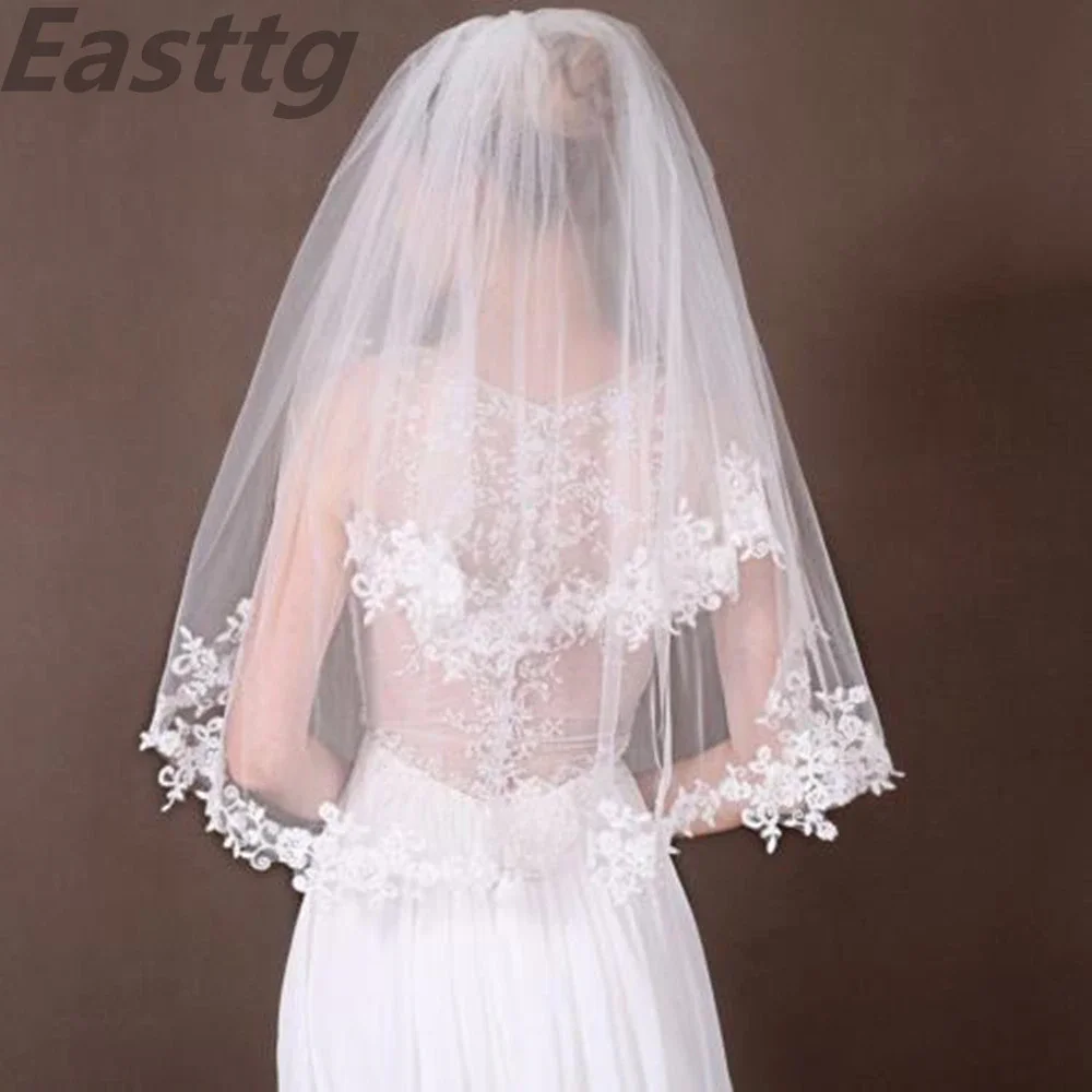 Zingj white/ivory Two Layers Elbow Length Veil Applique Lace Soft Tulle wedding veil  bridal veils with comb Wedding Accessories