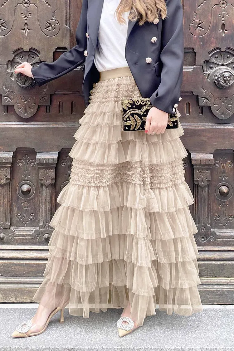 Patchwork Mesh Shirring Tiered Skirt