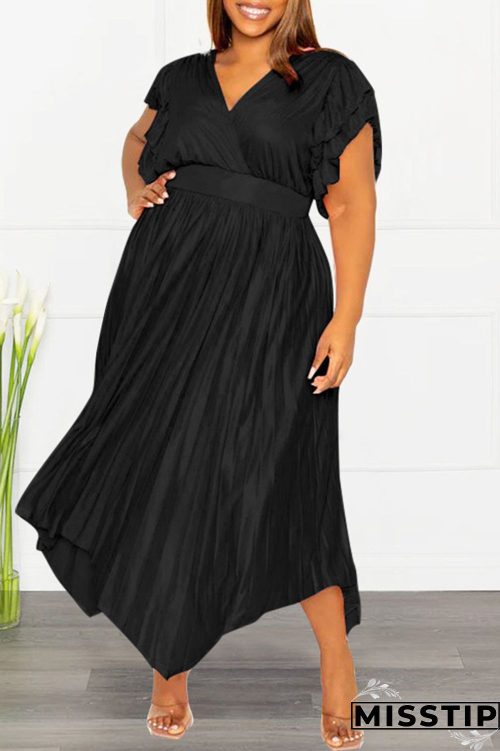 Pink Casual Solid Patchwork V Neck Pleated Plus Size Dresses