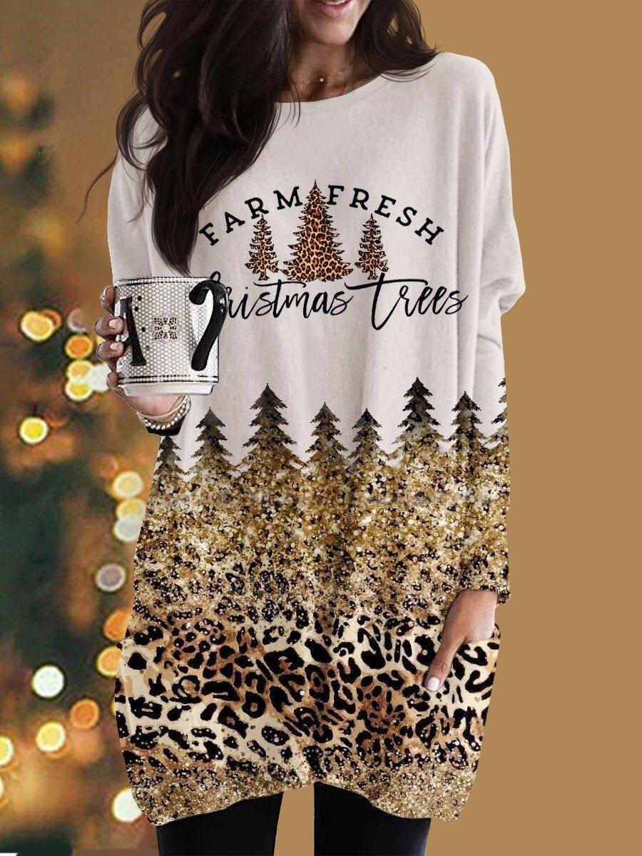 Women's Christmas trees farm fresh Christmas trees Leopard Shiny Casual Top