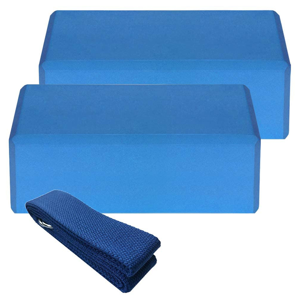 

2pcs Yoga Block EVA Foam Brick Stretching Aid with Metal D-Ring Yoga Strap, Blue, 501 Original