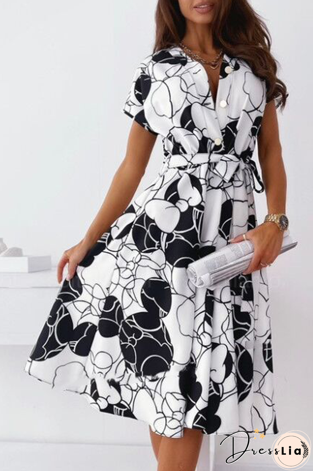 Fashion Elegant Print Buckle With Belt V Neck A Line Dresses