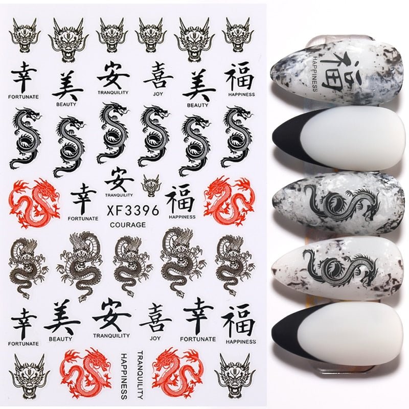 1 Sheet Red Black Colorful Dragons Nail Transfer Stickers New Year Letter Water Decals Slider For Nails Manicures Decorations