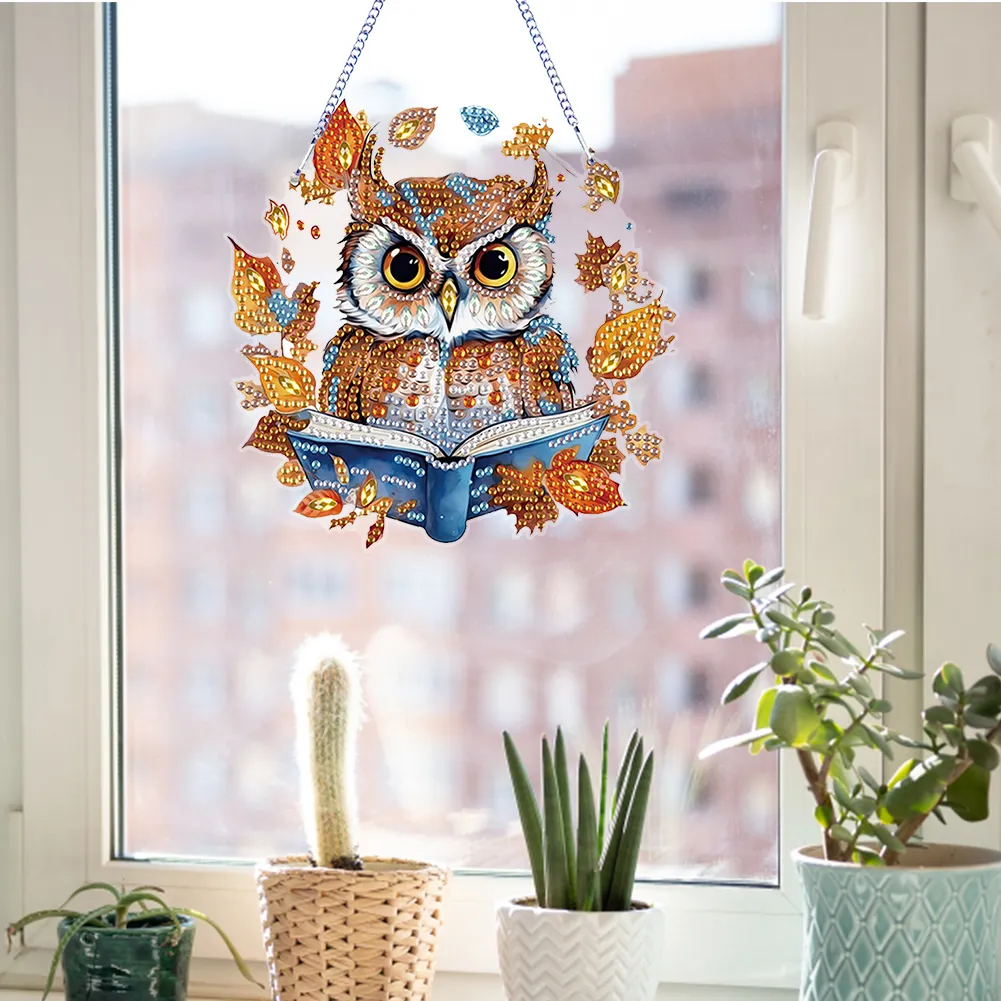 DIY Autumn Owl Special Shape Diamond Painting Hanging Pendant