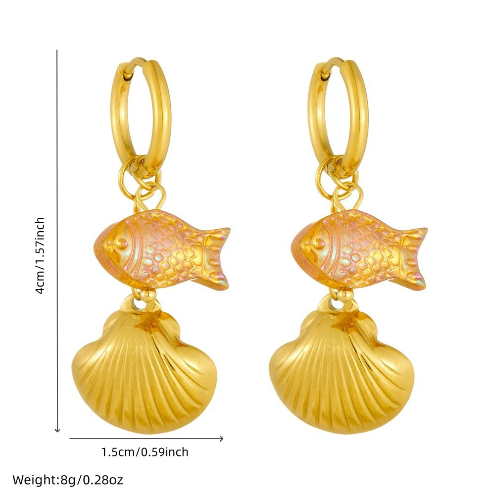 Korean Fashion Simple Design Gold-Plated Scallop Fantasy Goldfish Pendant Round Stainless Steel Earrings