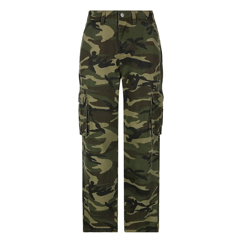 Jangj Camouflage Cargo Pants With Pocket Women Army Green Loose Alt Clothes Grunge Fairy Hippie Trousers E Girls Y2k Jeans Streetwear