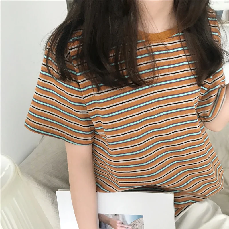 Uveng Uveng 2024 New Striped Short-Sleeved T-Shirt Korean Version Bottom Shirt Women's Student Top Women's Clothing