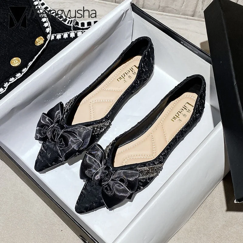 elegant laides lace bow flats pointed toe crystal glitter decoration ballerinas shoes woman silk pleated loafers big size 43