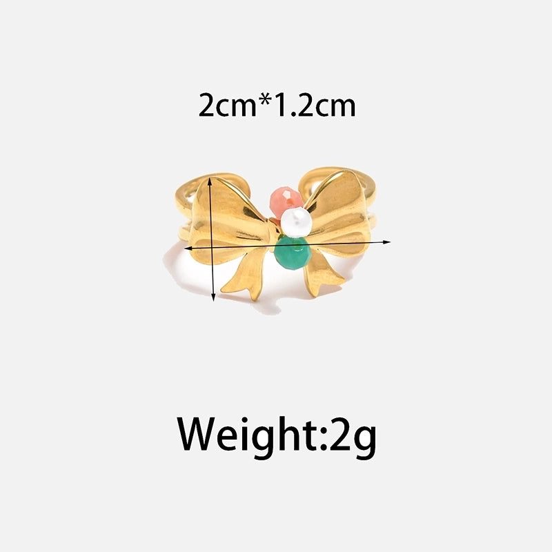 Elegant Sweet Korean Style Bow Knot 304 Stainless Steel Natural Stone Zircon 14K Gold Plated Plating Hollow Out Stainless Steel Rings