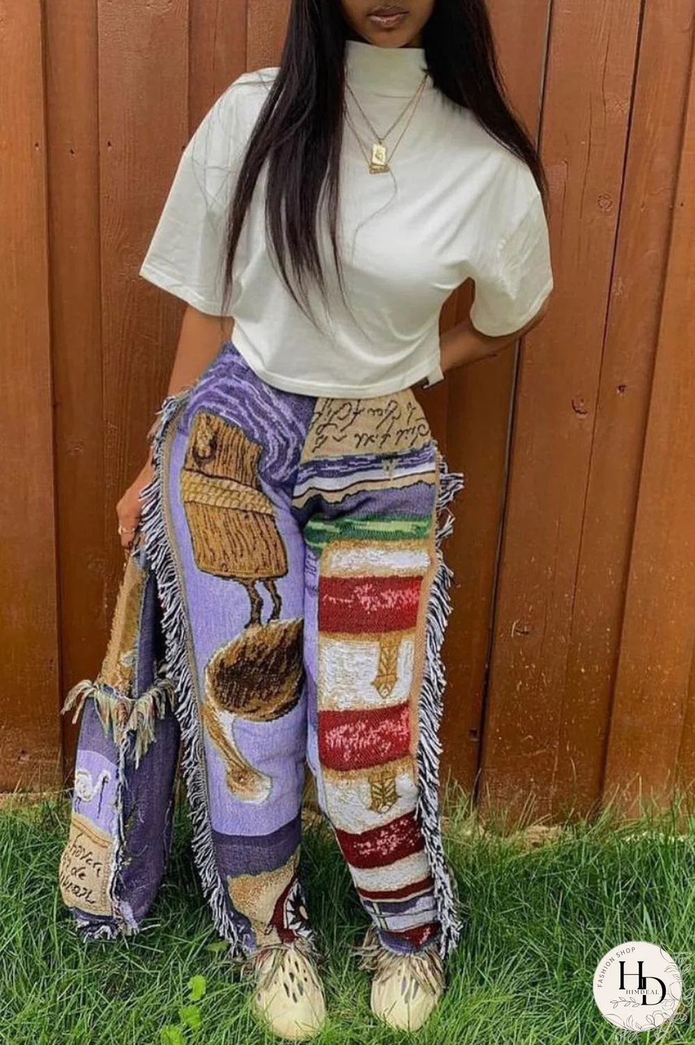 Sky Blue Casual Print Tassel Patchwork Regular High Waist Conventional Full Print Trousers