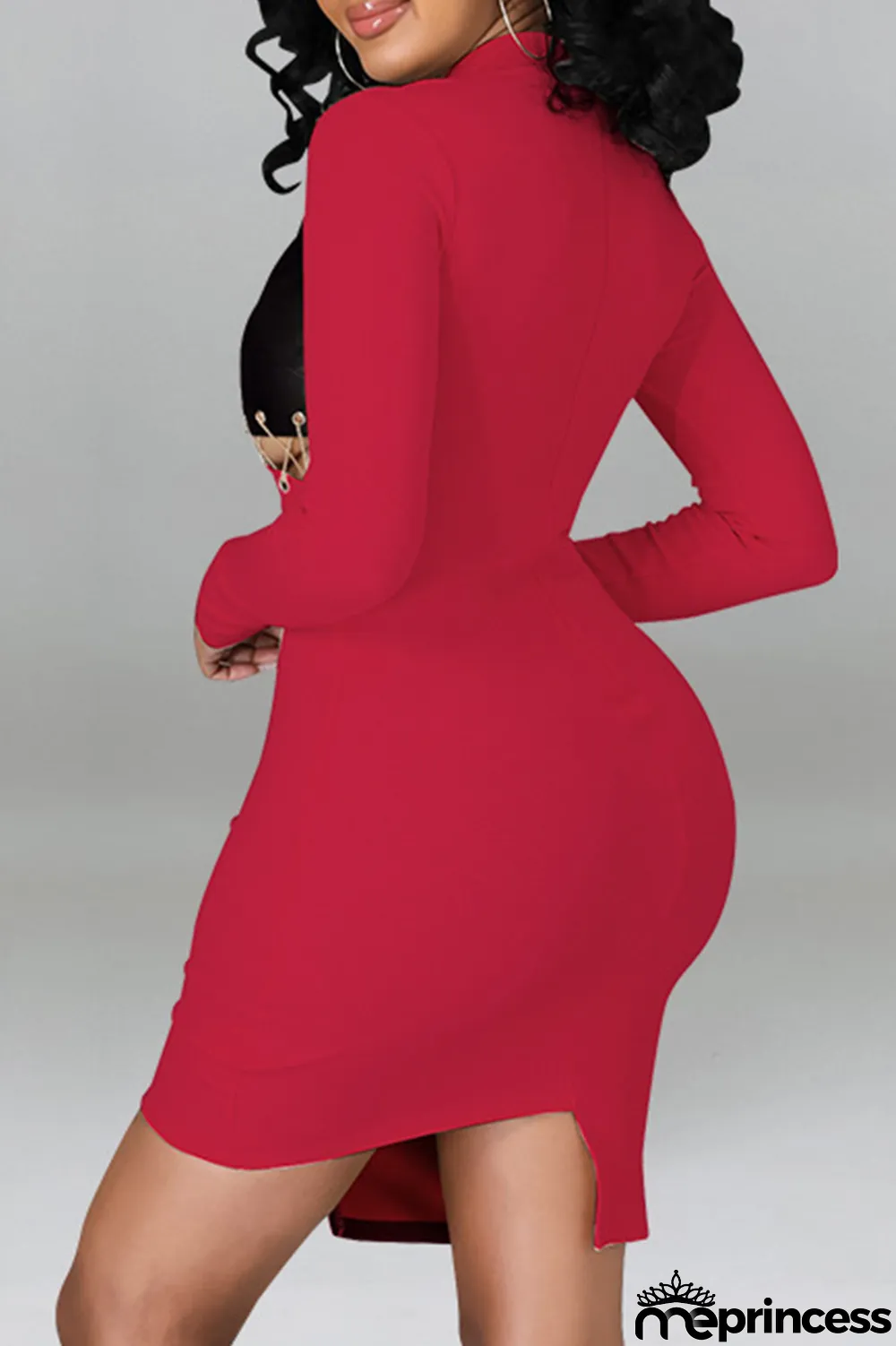 Red Fashion Sexy Patchwork Hollowed Out Asymmetrical O Neck Long Sleeve Dresses