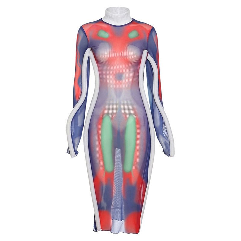 Hawthaw Women Sexy Autumn Long Sleeve Printed Bodycon Mesh See Through Midi Dress 2021 Fall Clothes Wholesale Items Streetwear