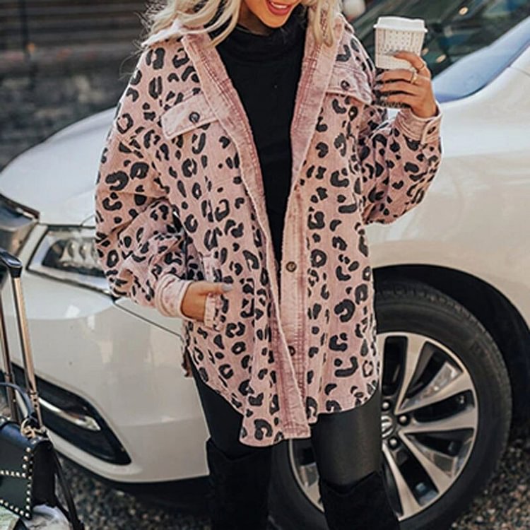 Vintage Leopard Print Loose Jacket Fashion Turn-down Colllar Botton Irregular Coat Women Casual Long Sleeve Pocket Cardigan