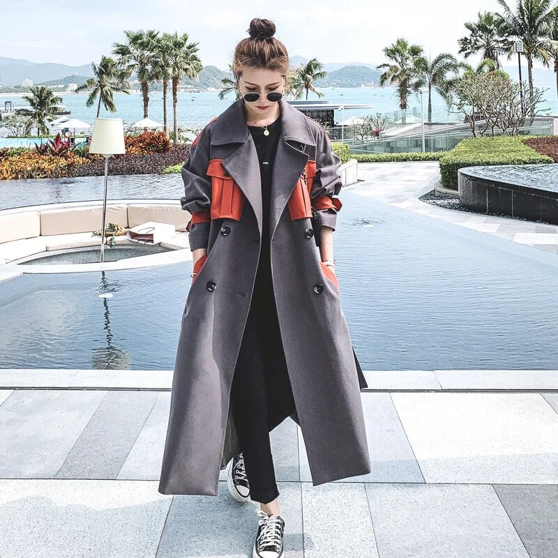 Brand New Oversize Loose Long Trench Coat Women Double-Breasted Patchwork Duster Coat for Lady Spring Autumn Female Outerwear