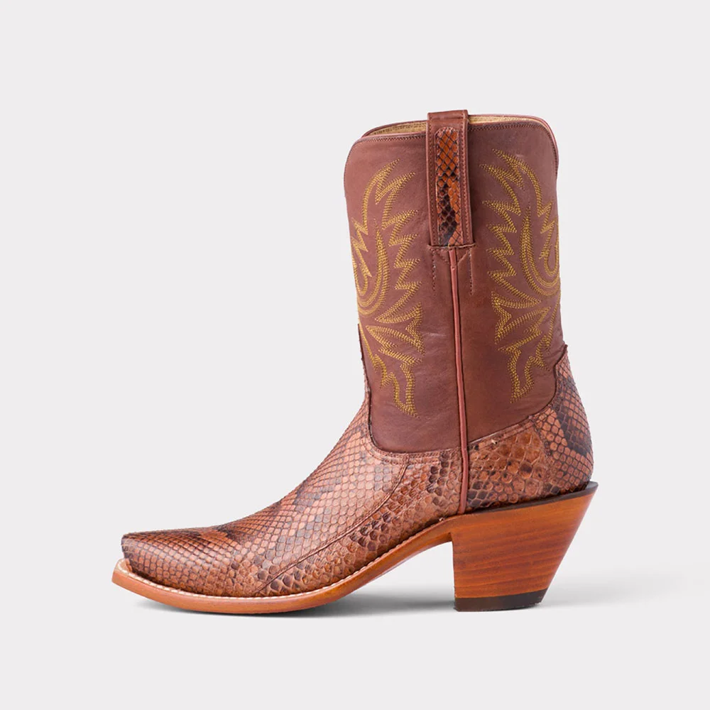 Brown Python-Embossed Stacked Heel Embroidered Cowboy Boots for Women