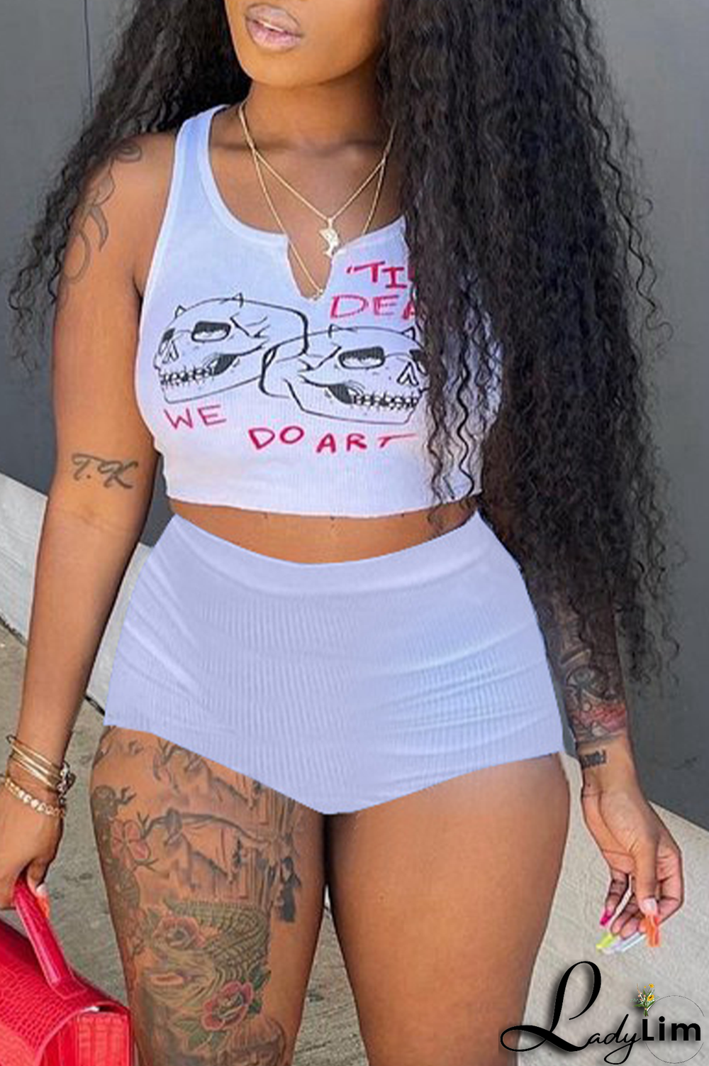 Black Street Print Split Joint U Neck Sleeveless Two Pieces