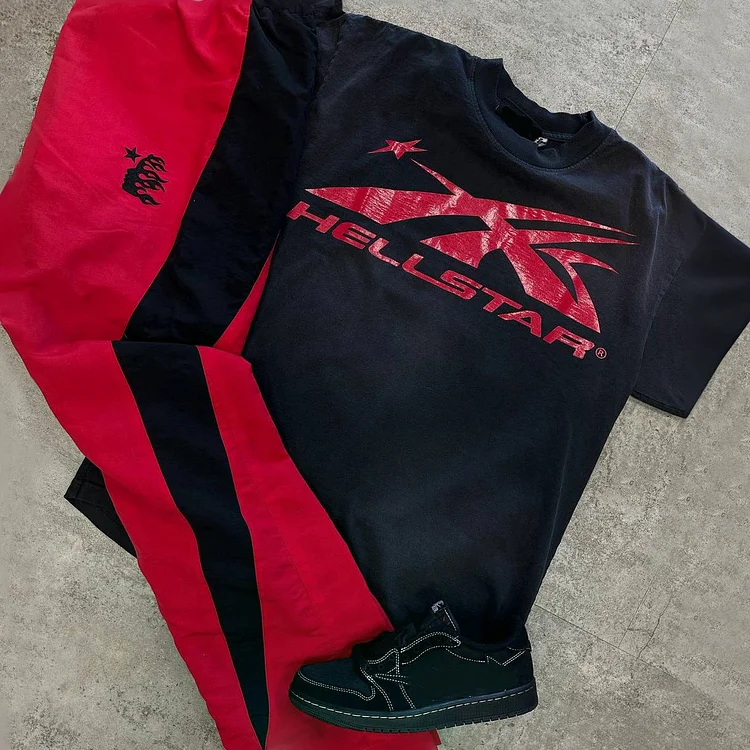 Black Red Contrasting Colors Hellstar Graphic Short Sleeve Tee & Flared Trousers Two Piece Set
