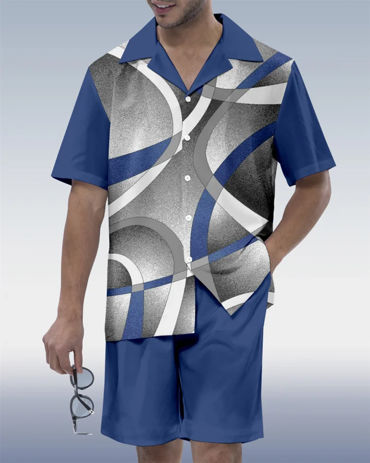 Suitmens Men's Abstract Art Contrast Geometric  Print Short Sleeve Set 131