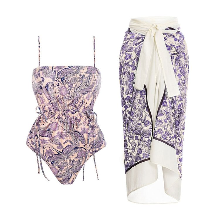 Flaxmaker Plus Size Purple Dragonfly Printed One Piece Swimsuit and Cover Up