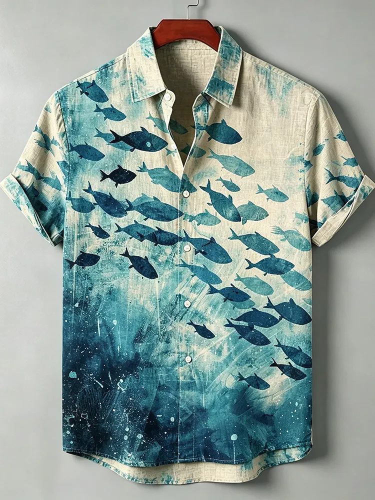 Men's Retro Watercolor Tie-dye Ocean Fish Print Linen Short-sleeve Shirt  artssus