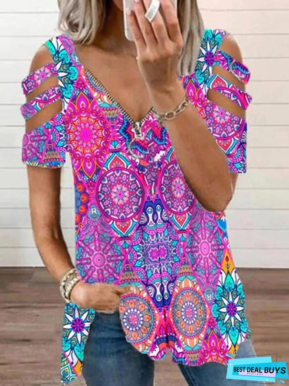 Casual Ethnic V neck Short Sleeve Loose Tunic T-Shirt