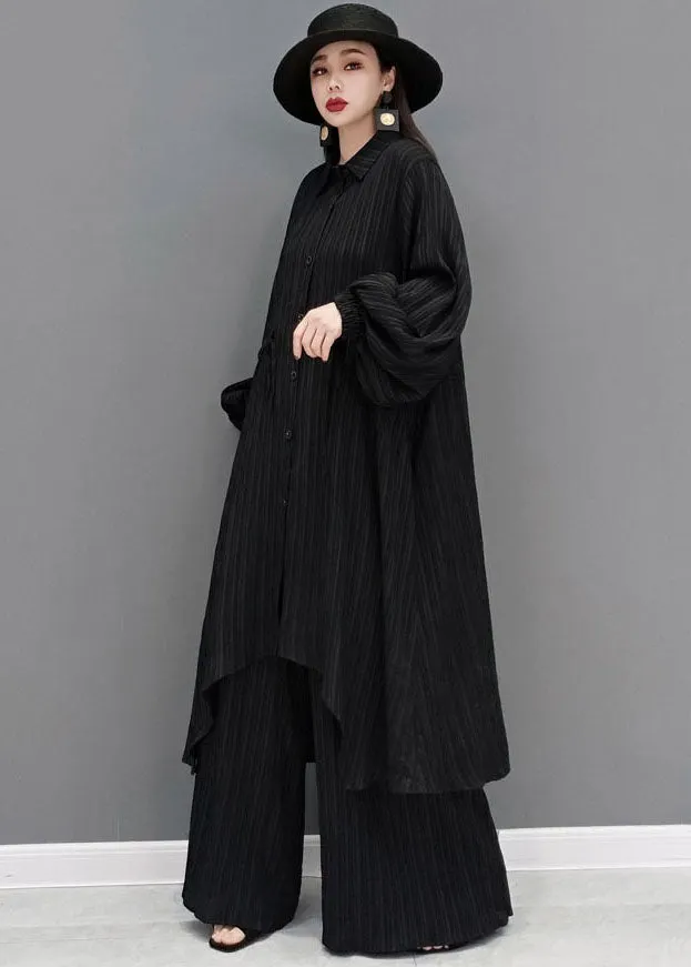 BlackDrawstringAsymmetricalCottonLongShirtAndWideLegPantsTwoPiecesSetSpring